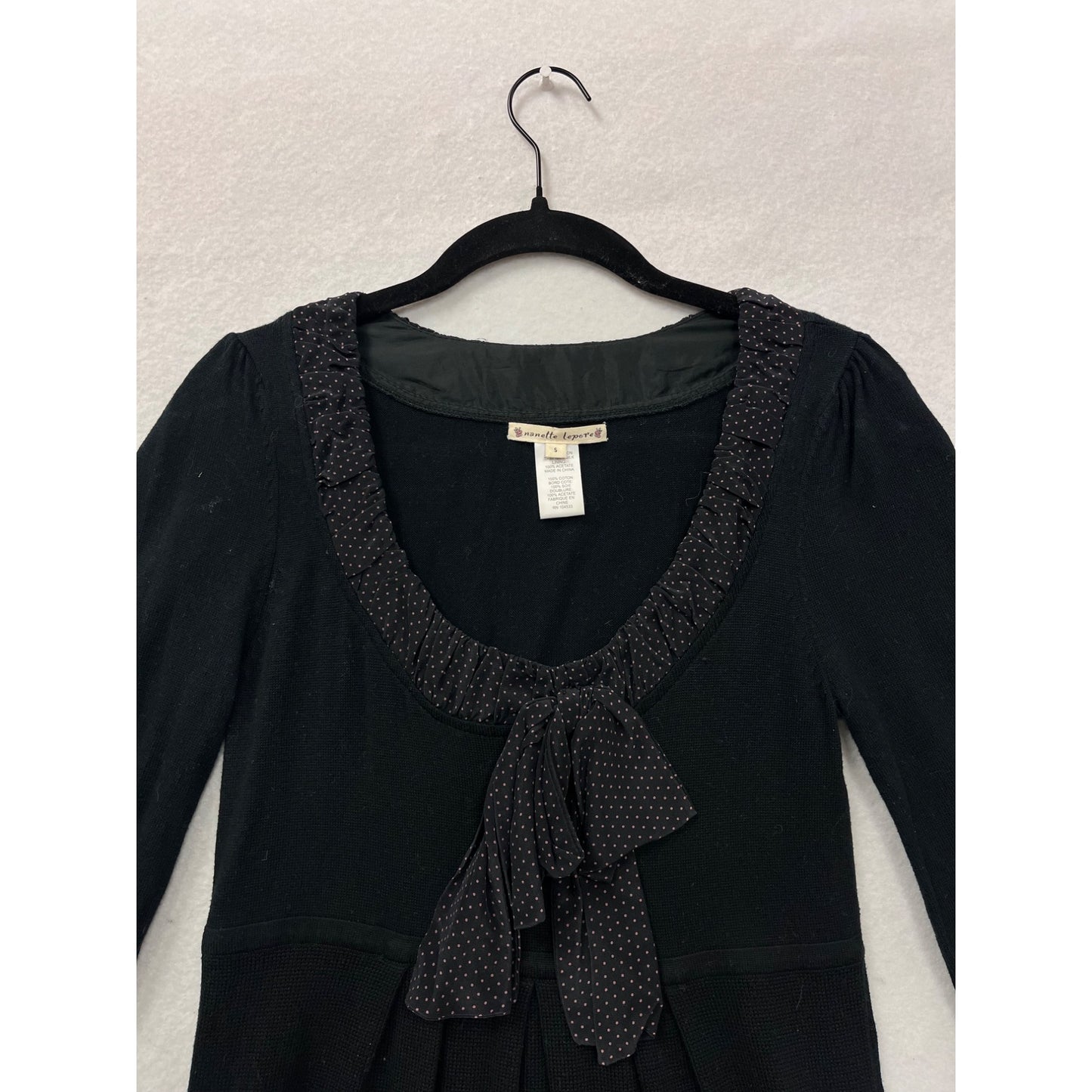 Nanette Lepore Womens Small Black Knit Dress With Polka Dot Silk Bow #8112