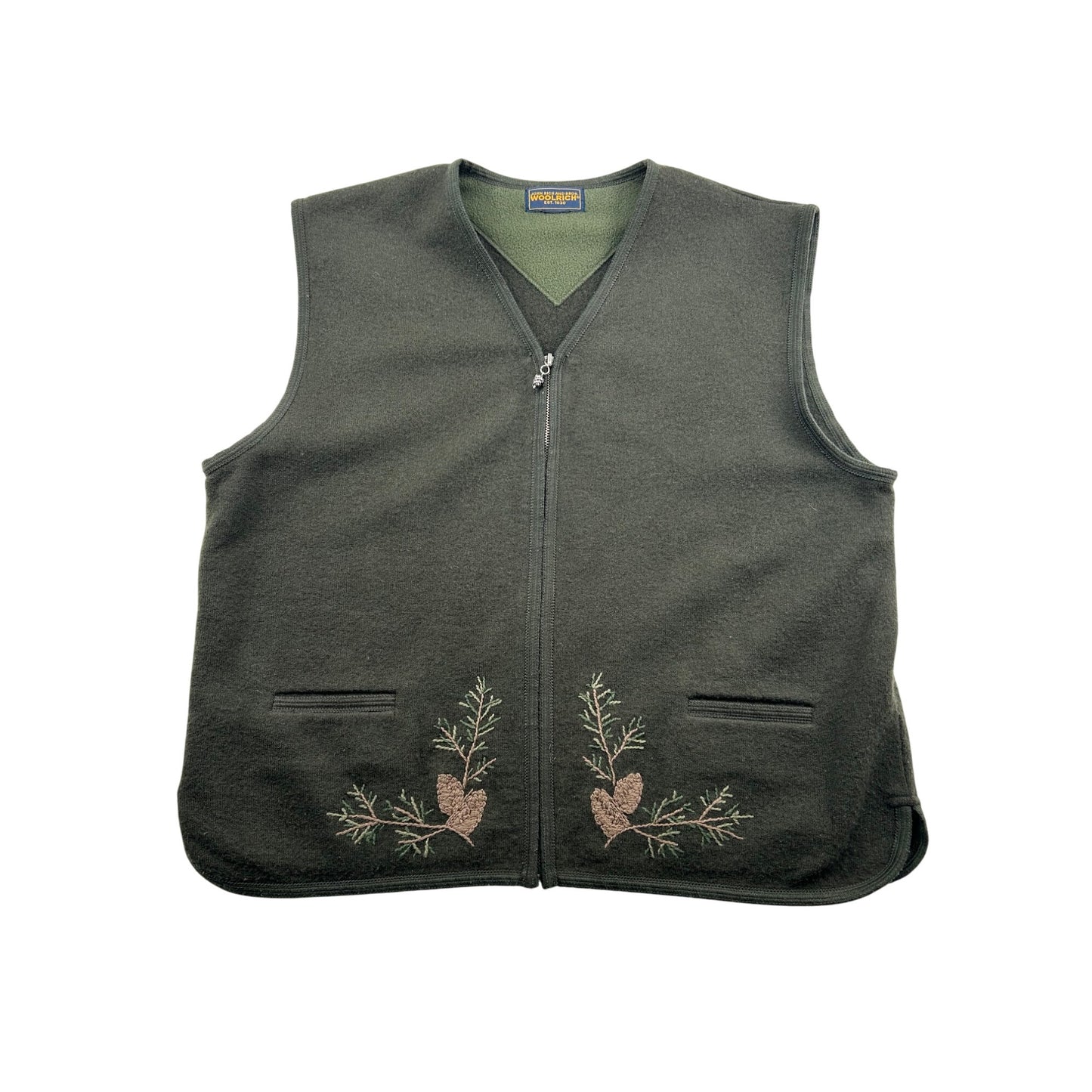 Woolrich Pinecone Embroidered Dark Green Fleece Zip Vest #6438