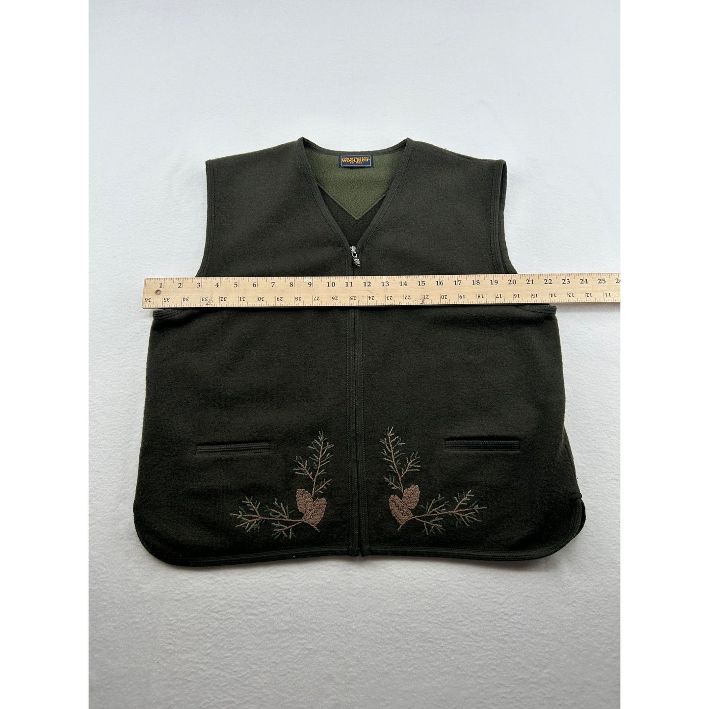 Woolrich Pinecone Embroidered Dark Green Fleece Zip Vest #6438