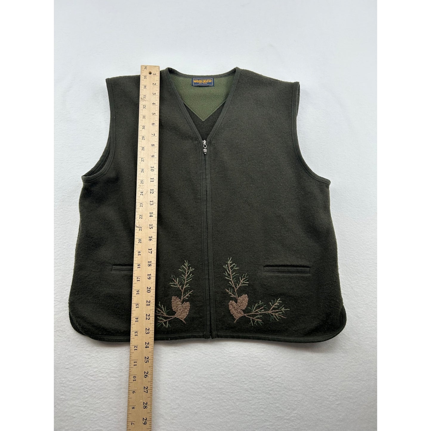 Woolrich Pinecone Embroidered Dark Green Fleece Zip Vest #6438