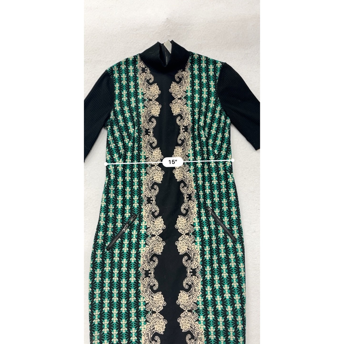 Julian Taylor Size 8 Green/Black Print Dress With High Neck #8362