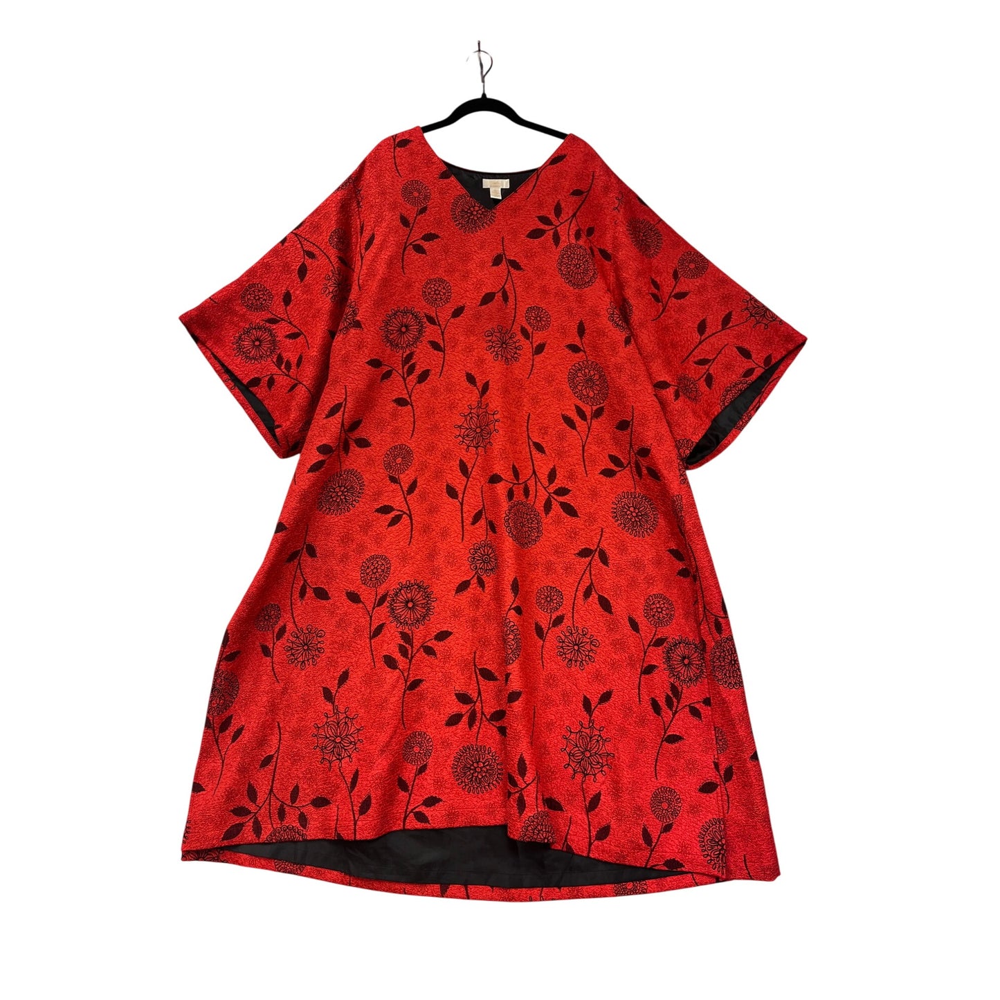 Red Floral Oversized Womens Dress By Couture L Black Lining Loose Fit V-Neck Short Sleeves #6869