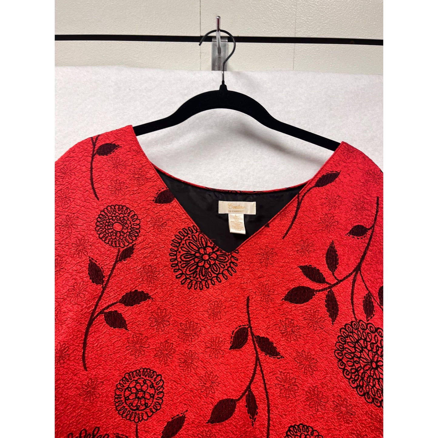 Red Floral Oversized Womens Dress By Couture L Black Lining Loose Fit V-Neck Short Sleeves #6869