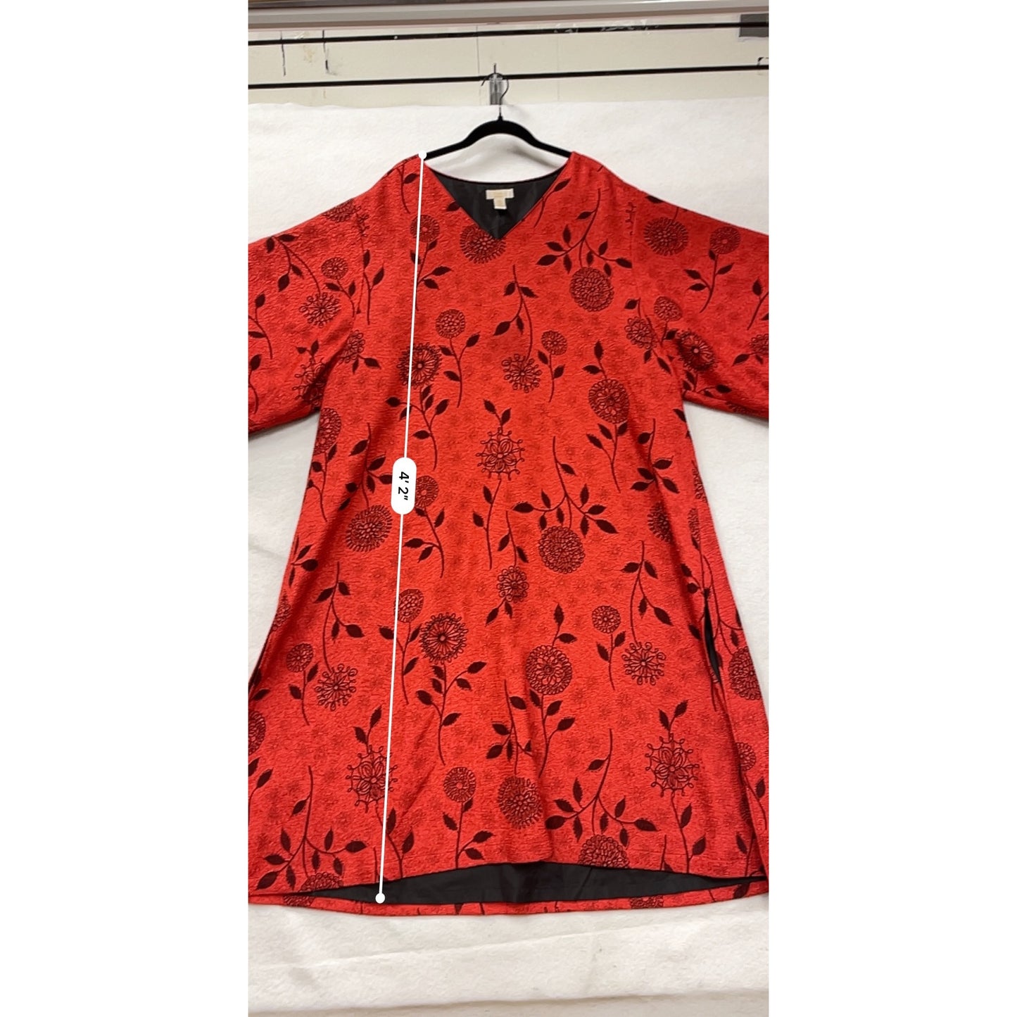Red Floral Oversized Womens Dress By Couture L Black Lining Loose Fit V-Neck Short Sleeves #6869