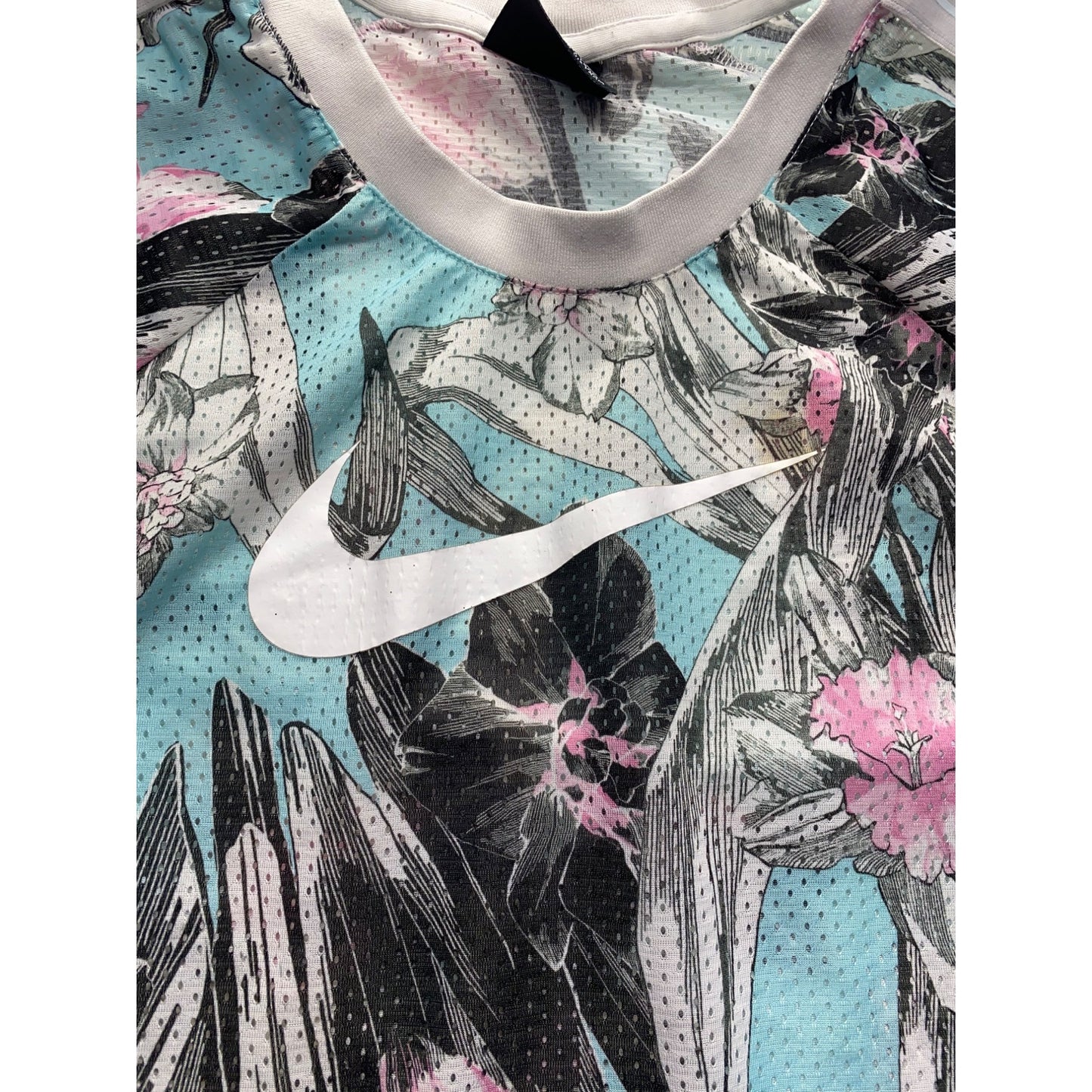 Nike Womens 2X Cropped Floral Print Mesh Top Pastel Pink & Blue Loose Fit #7196