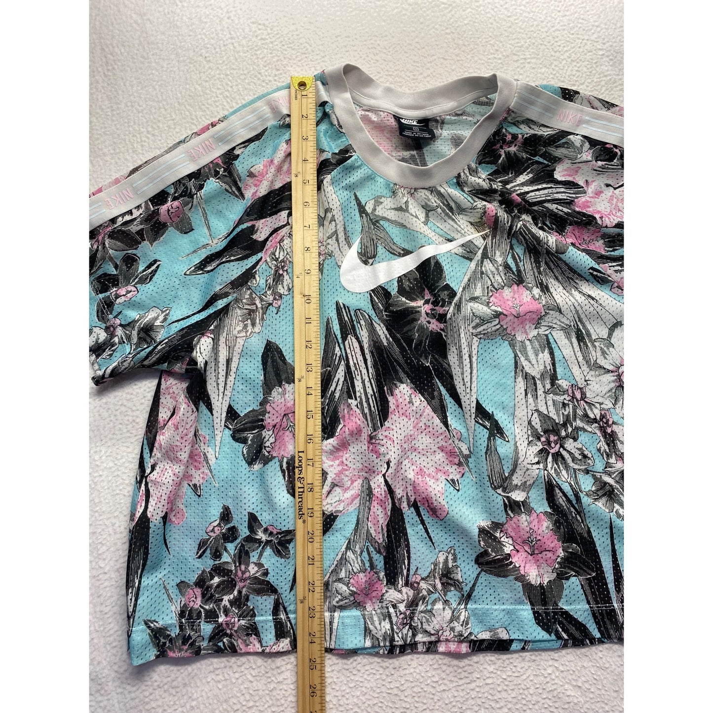 Nike Womens 2X Cropped Floral Print Mesh Top Pastel Pink & Blue Loose Fit #7196
