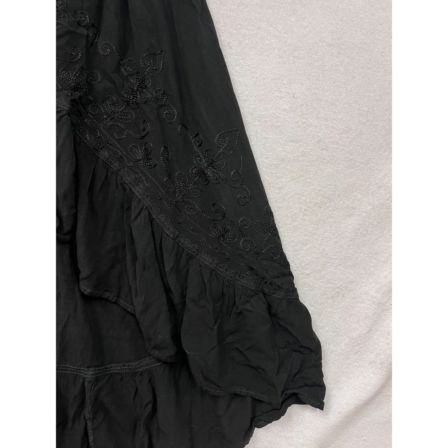 Black Boho Maxi Skirt Womens Free Size Just Crusiby 100% Rayon Embroidered High-Low Hem #6924