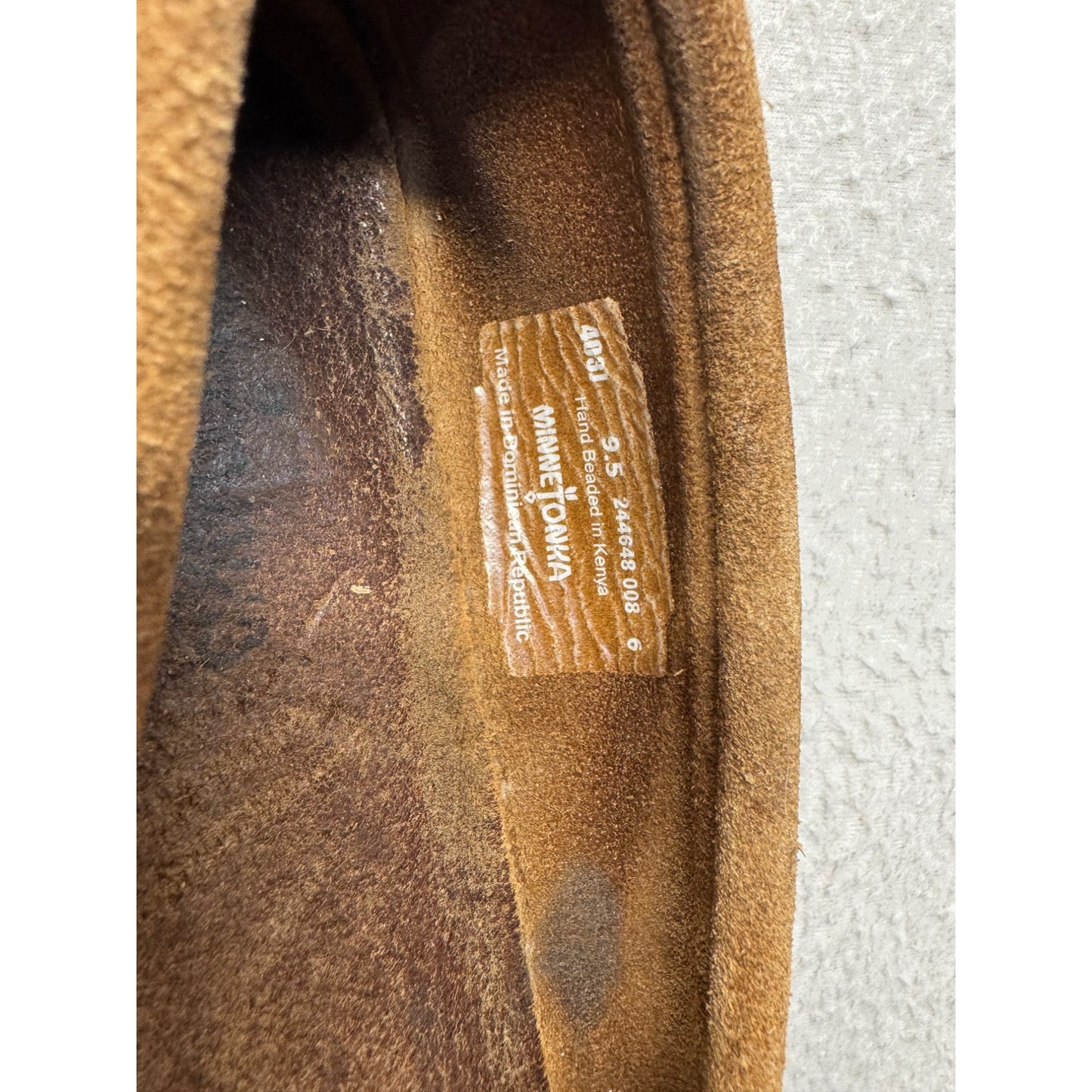 Minnetonka Brown Suede Beaded Moccasins Rubber Sole Slip-On Shoes #9636