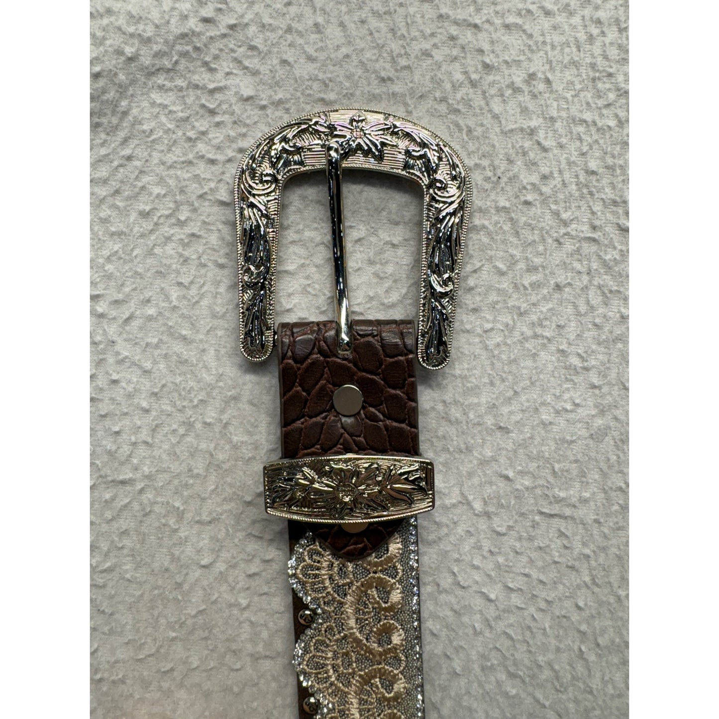 Western-Style Leather Belt With Silver Buckle & Lace Overlay #7733