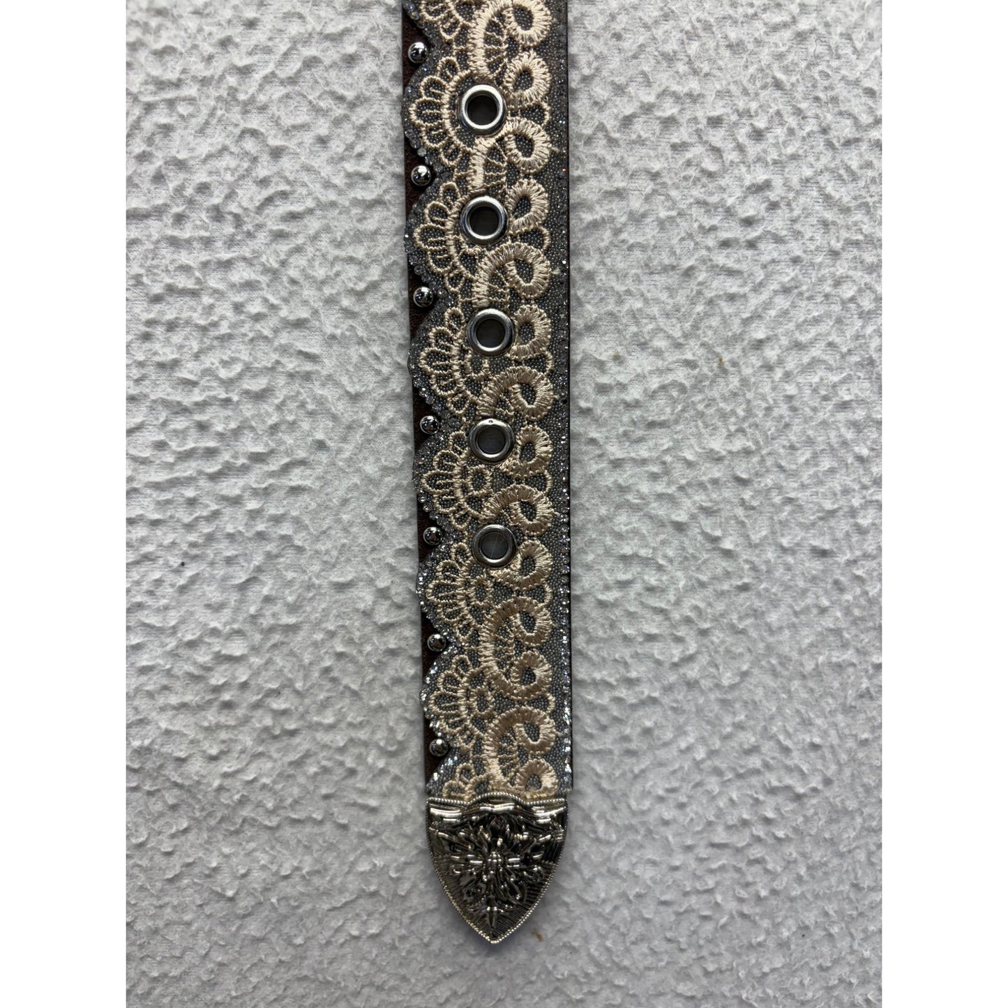 Western-Style Leather Belt With Silver Buckle & Lace Overlay #7733