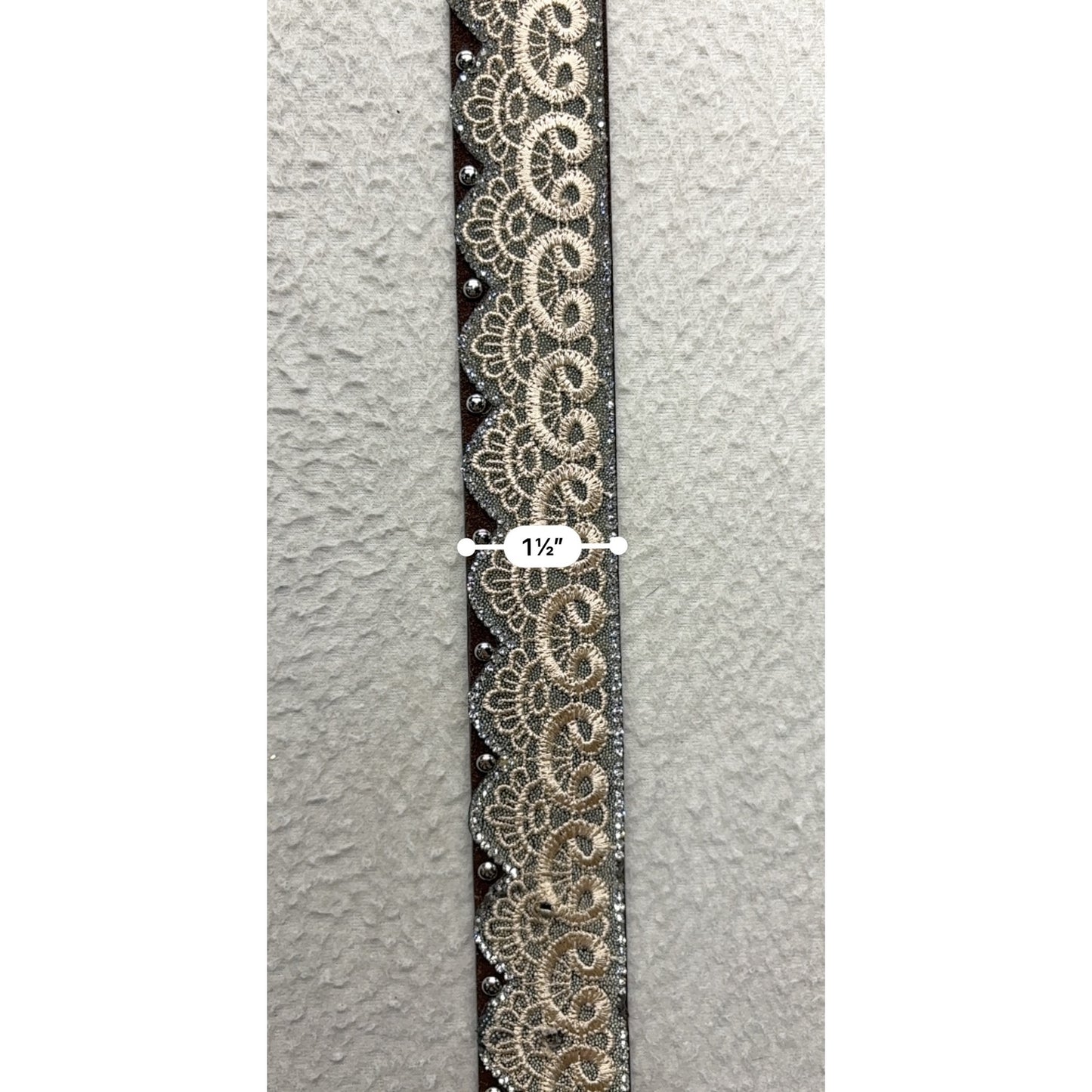Western-Style Leather Belt With Silver Buckle & Lace Overlay #7733
