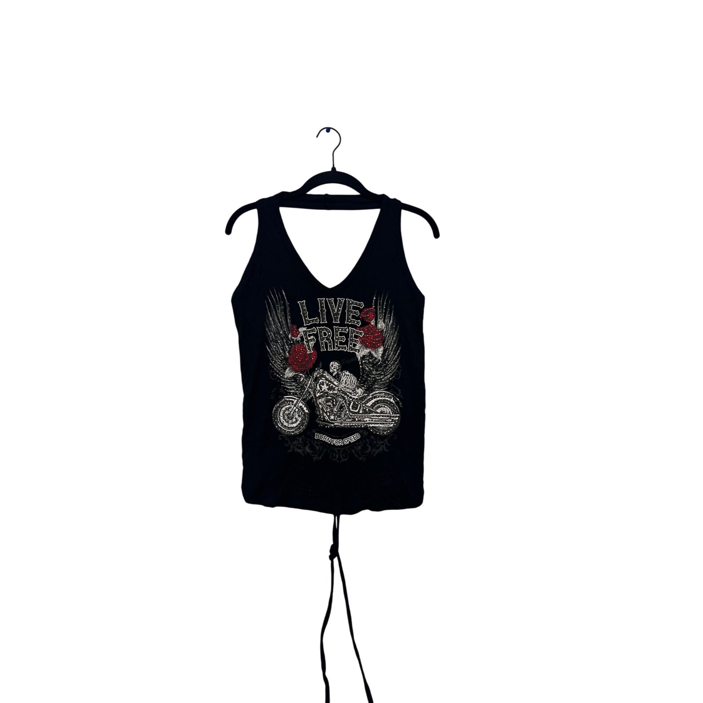 Live Free Black Graphic Tank Top With Motorcycle & Rose Design #811A