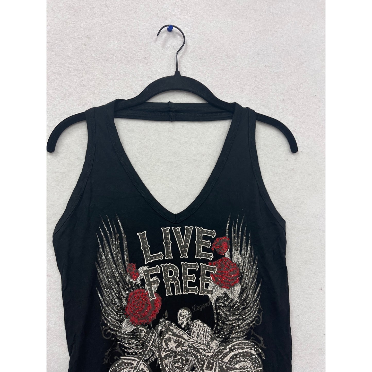 Live Free Black Graphic Tank Top With Motorcycle & Rose Design #811A