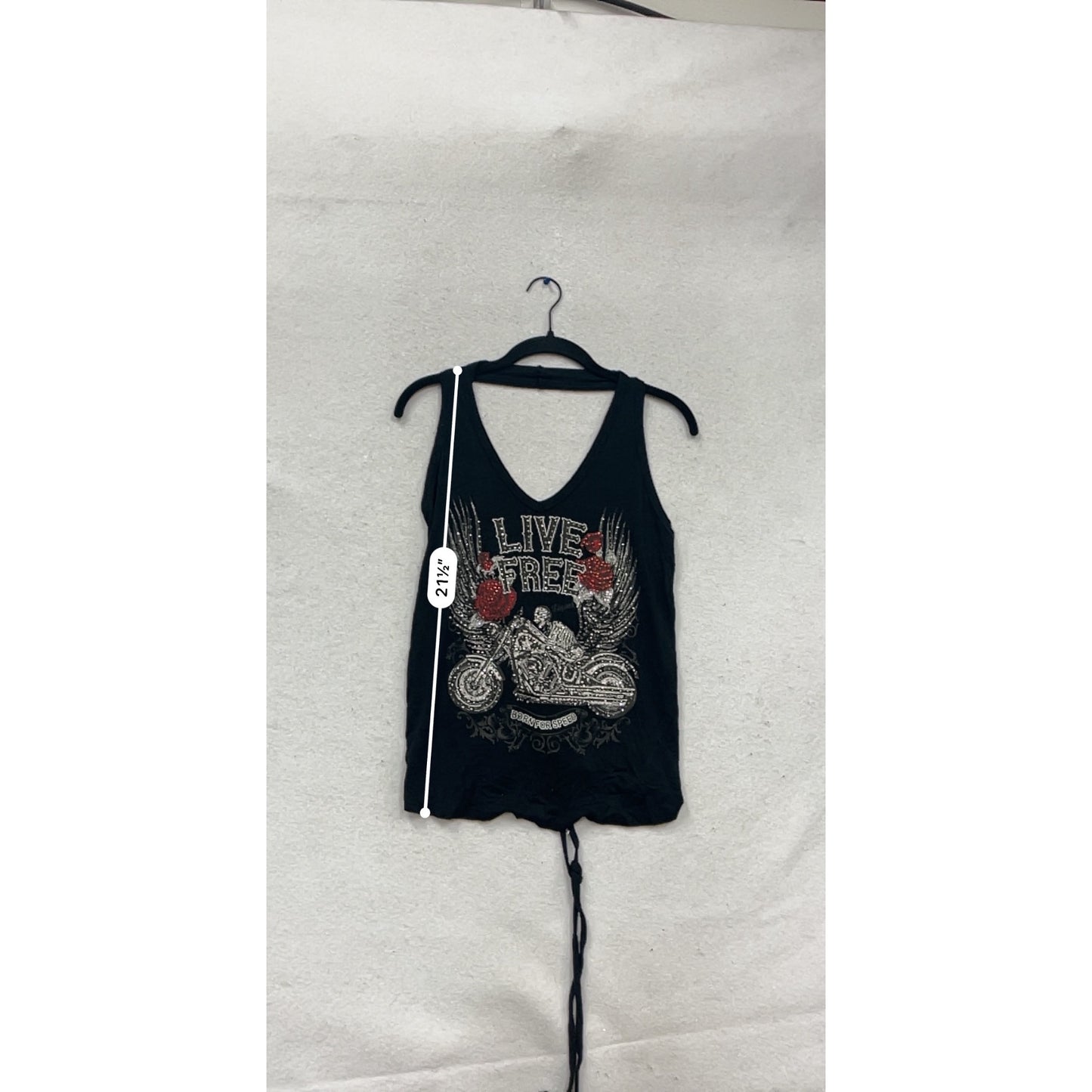 Live Free Black Graphic Tank Top With Motorcycle & Rose Design #811A