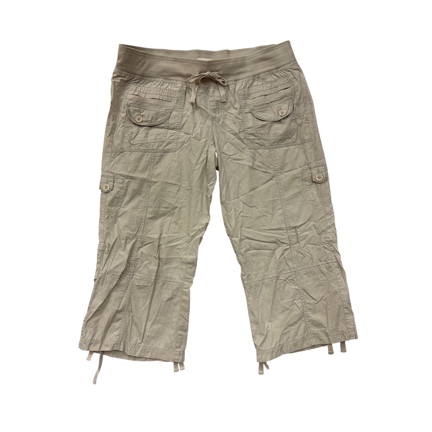 Maurices Womens Beige Cargo Capri Pants XL 100% Cotton Drawstring Waist Relaxed Fit #6970