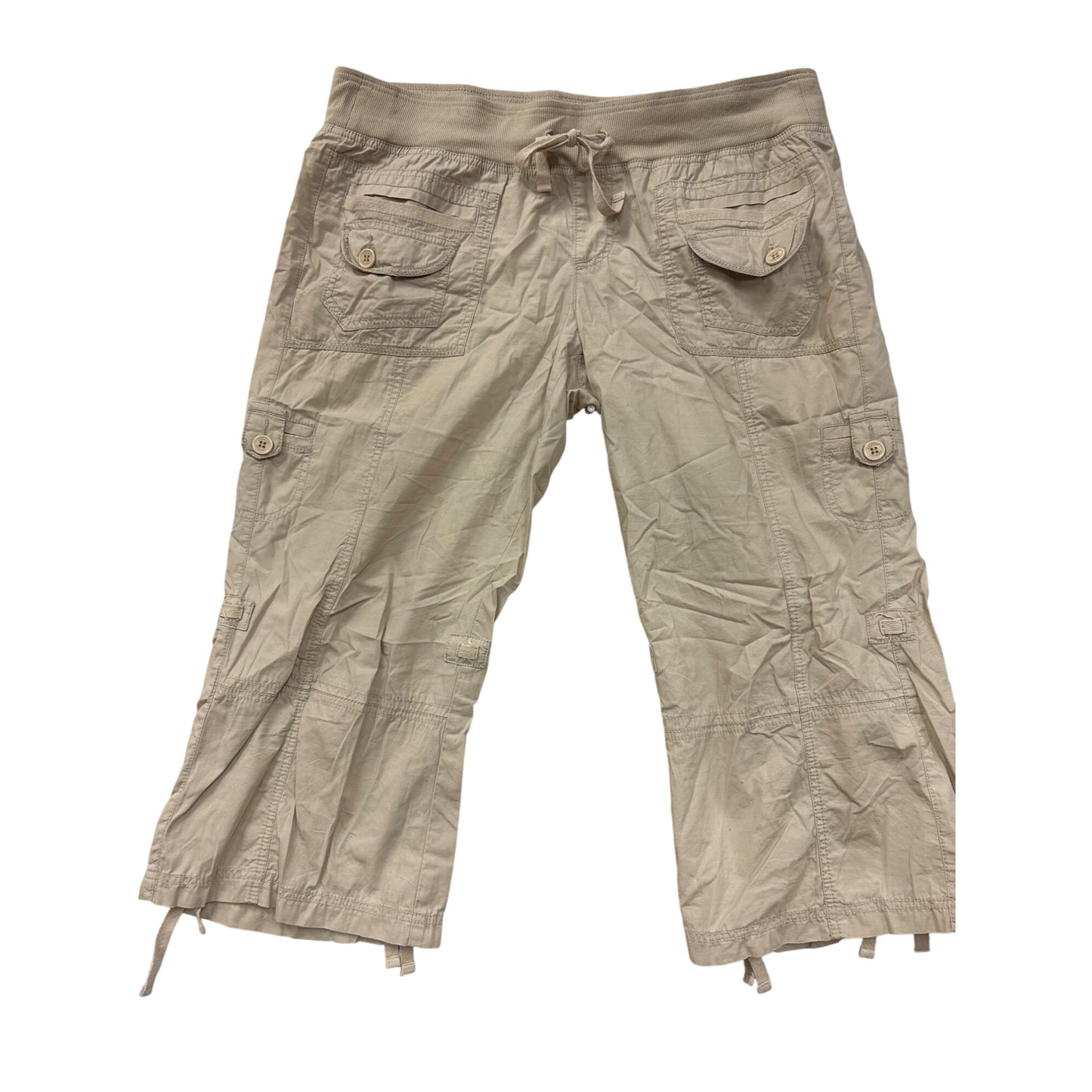 Maurices Womens Beige Cargo Capri Pants XL 100% Cotton Drawstring Waist Relaxed Fit #6970