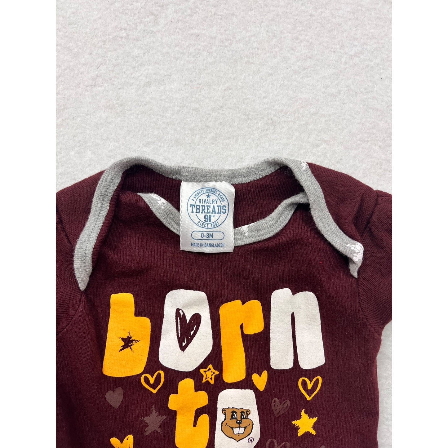 Minnesota Golden Gophers Baby bodysuit Born To Shine Maroon & Gray 0-3M #6500
