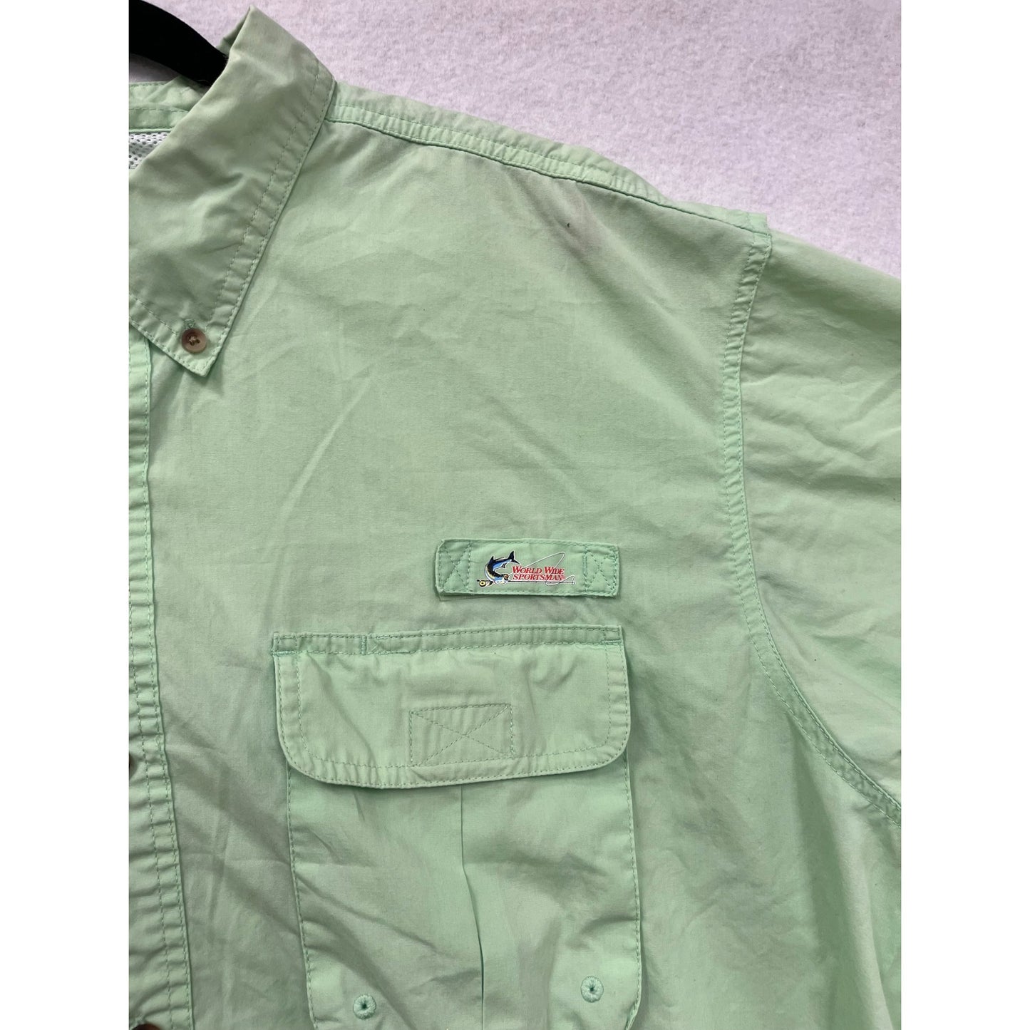 World Wide Sportsman Mens XL Short Sleeve Button-Up Fishing Shirt Light Green #6123