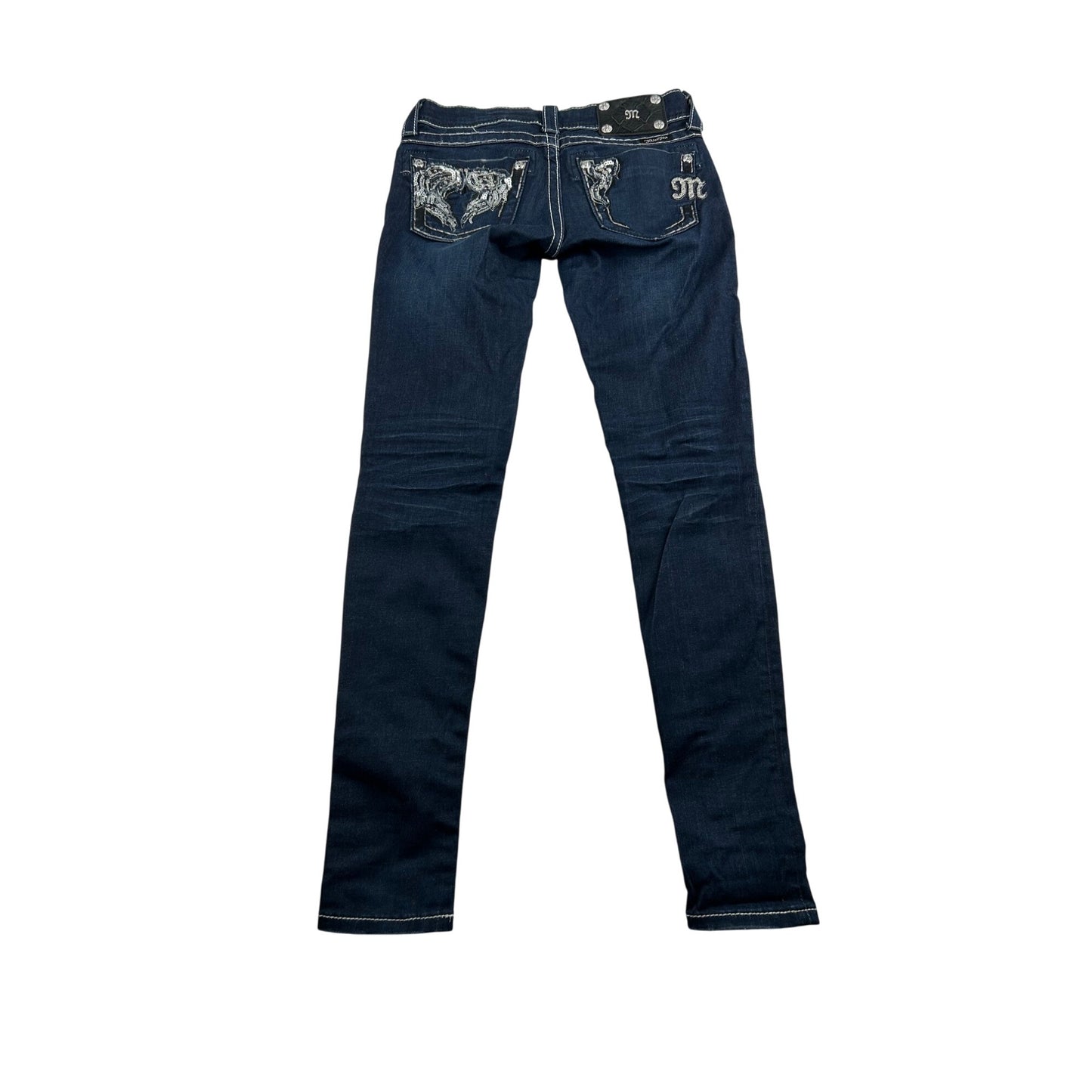 Miss Me Womens Dark Wash Skinny Jeans W24 Rhinestone Pocket Design #6482
