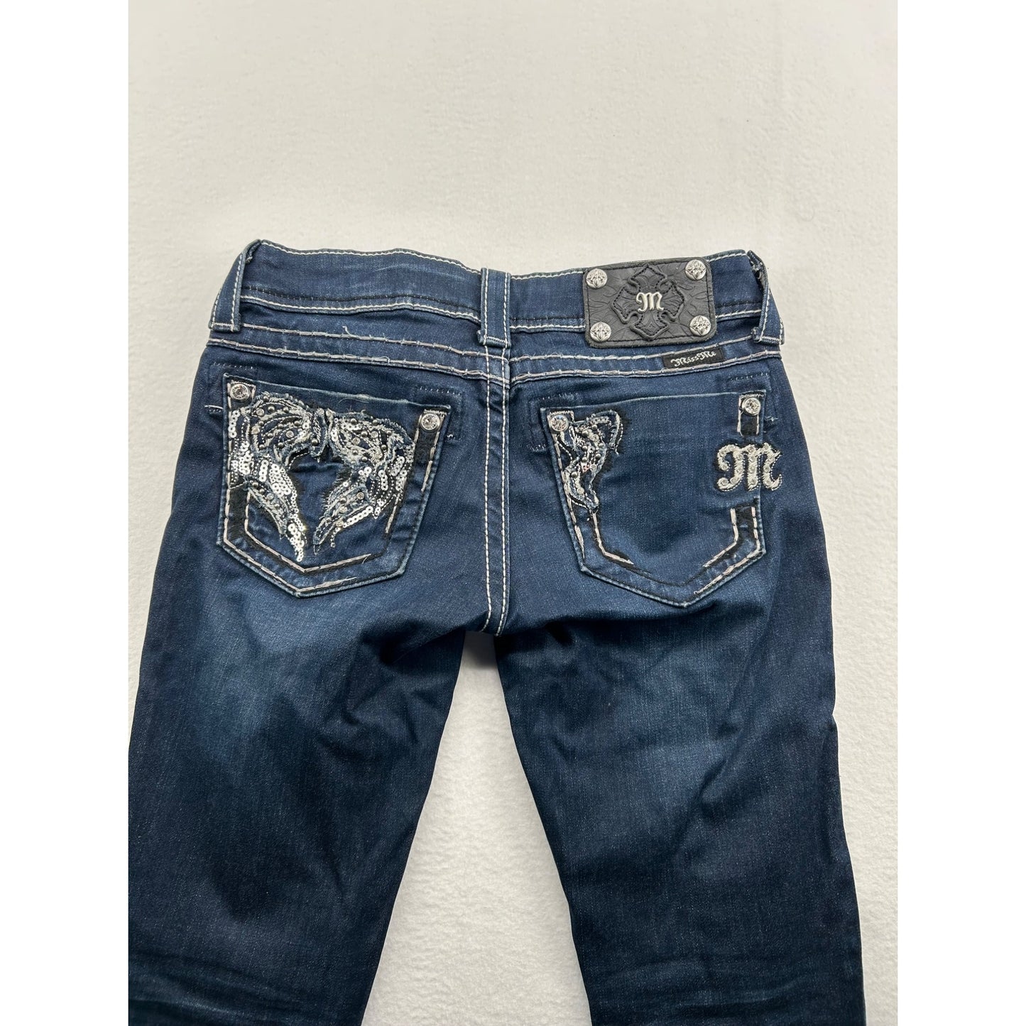 Miss Me Womens Dark Wash Skinny Jeans W24 Rhinestone Pocket Design #6482