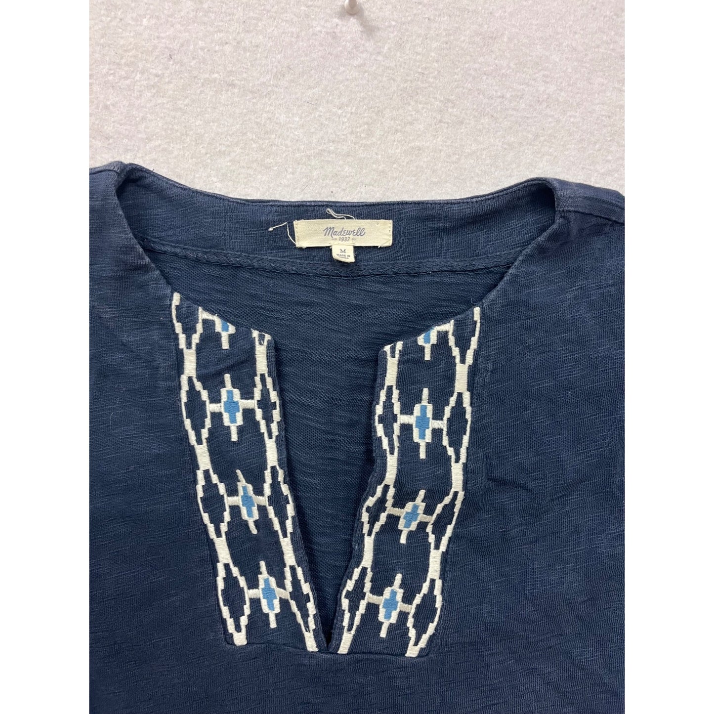 Madewell Womens Cotton Embroidered Navy Tunic Top Medium Short Sleeve Geometric Pattern #6931