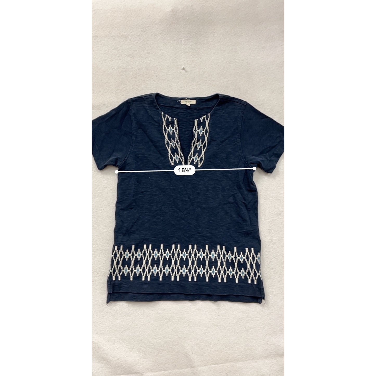 Madewell Womens Cotton Embroidered Navy Tunic Top Medium Short Sleeve Geometric Pattern #6931