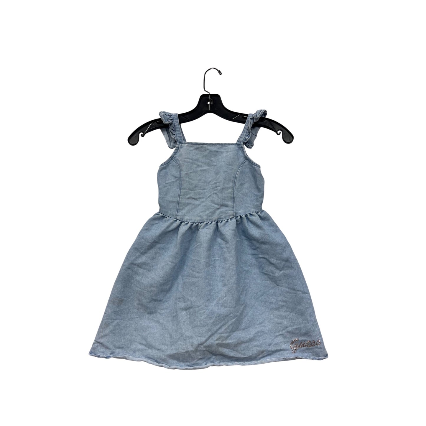 Guess Girls Denim Blue Summer Dress Size 7/8 With Ruffle Straps & Embellished Logo #6710