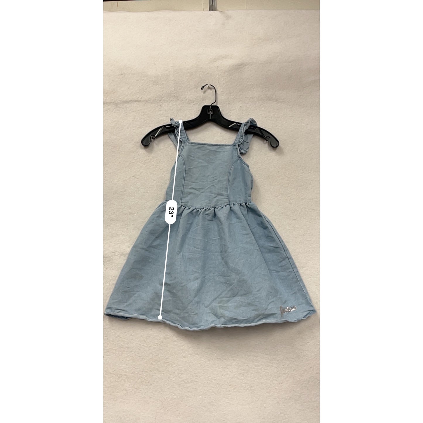 Guess Girls Denim Blue Summer Dress Size 7/8 With Ruffle Straps & Embellished Logo #6710