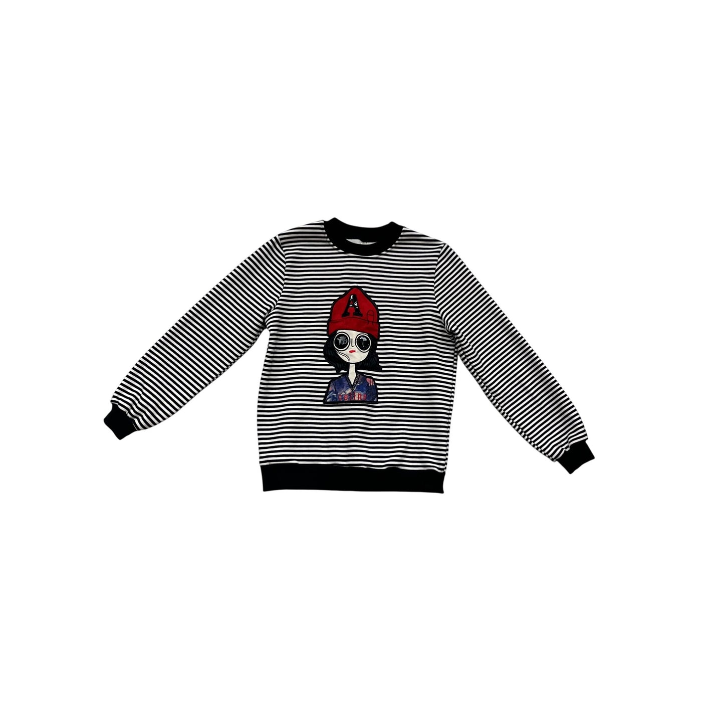 Striped Long Sleeve Crewneck Sweatshirt With Cartoon Design - Size 13 #784A