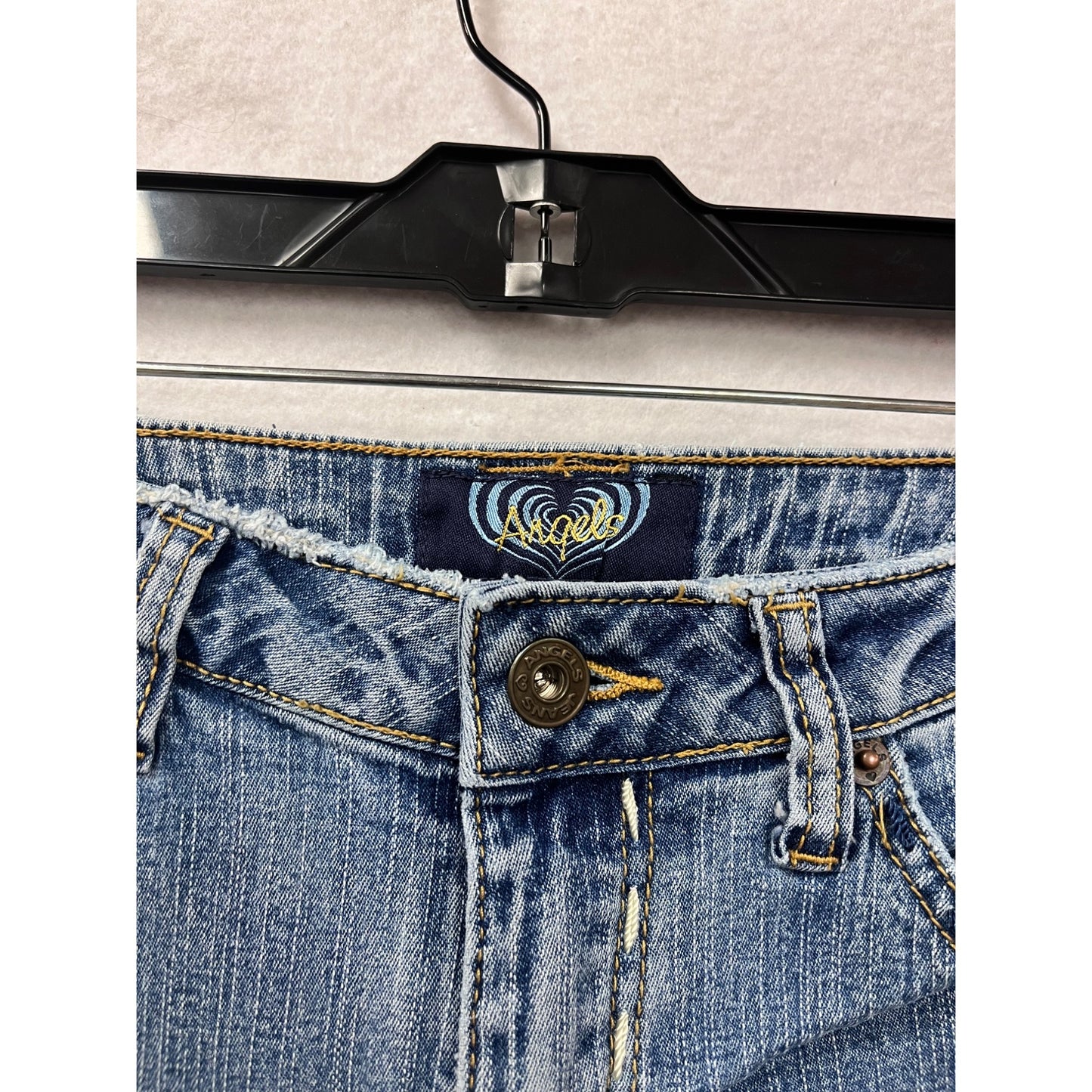 Women’s Y2K Angels Blue Flared Jeans Size 5 With Embellished Pockets & Faded Wash #6738