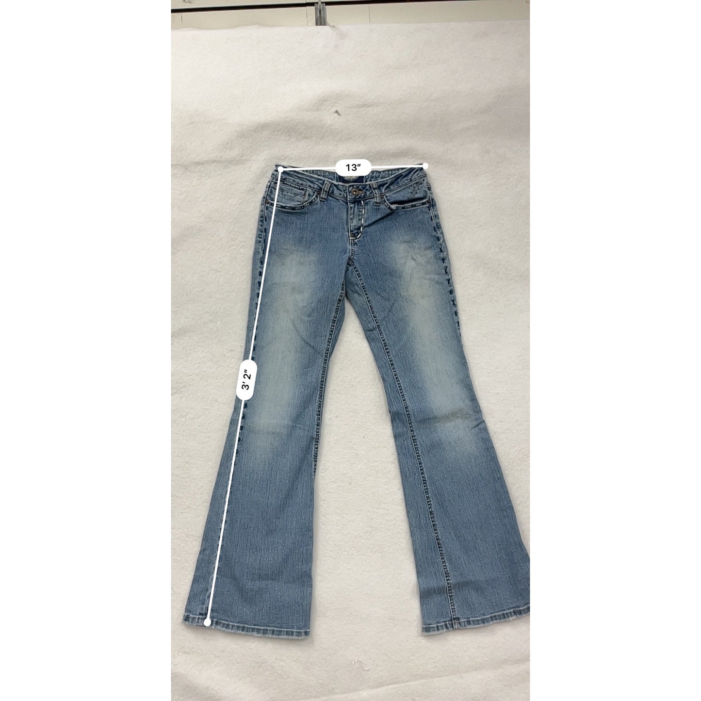 Women’s Y2K Angels Blue Flared Jeans Size 5 With Embellished Pockets & Faded Wash #6738