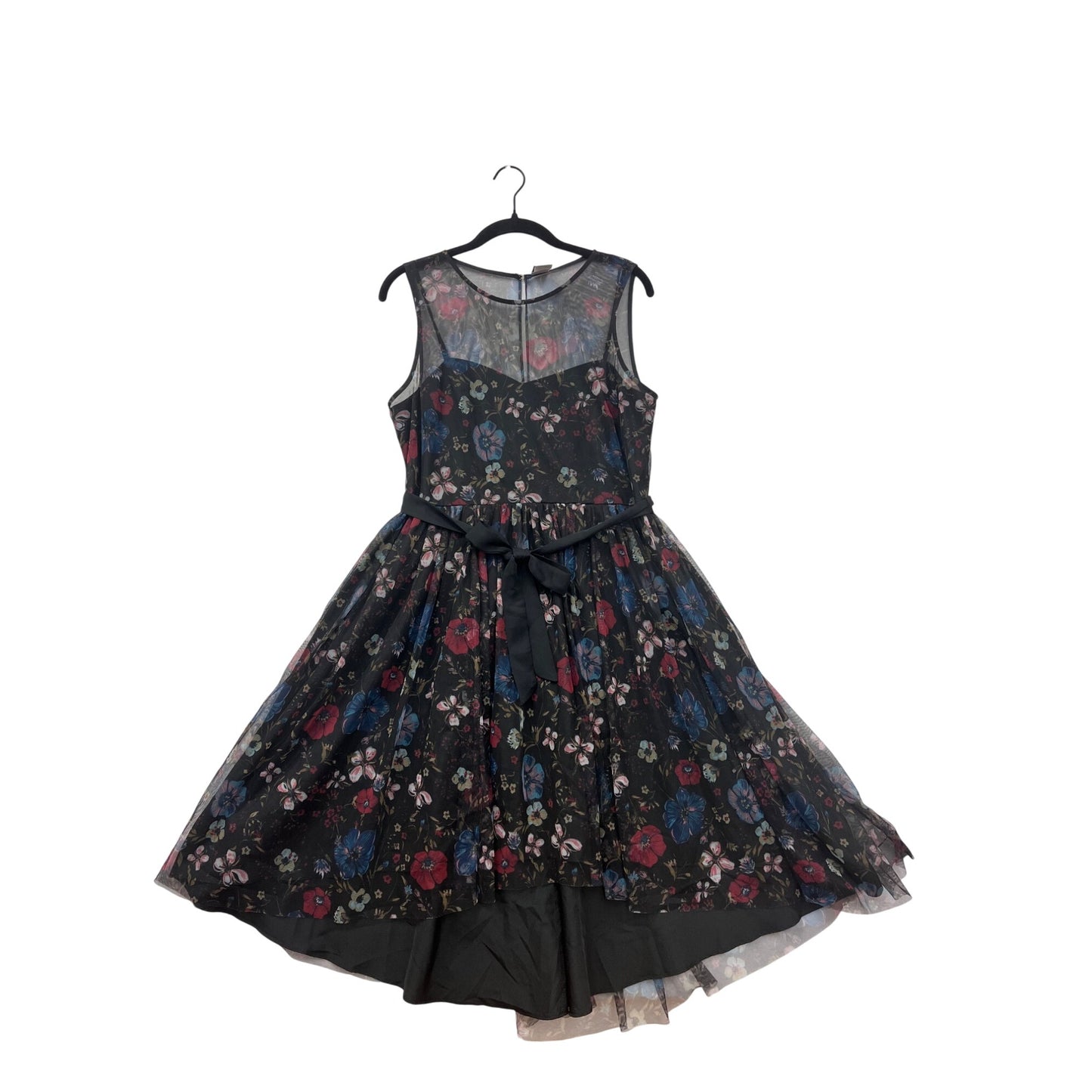 Disney Girls Floral Mesh Dress Black/Multicolor Size 12 Sleeveless With Sheer Overlay & Belt Accent #8089