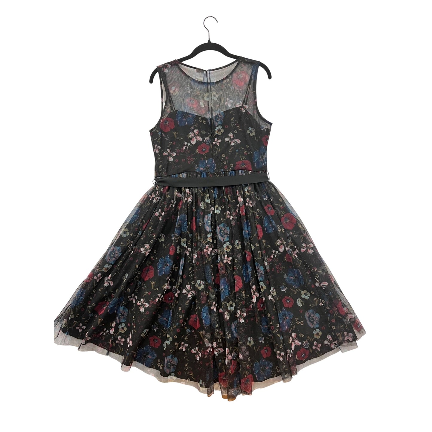 Disney Girls Floral Mesh Dress Black/Multicolor Size 12 Sleeveless With Sheer Overlay & Belt Accent #8089