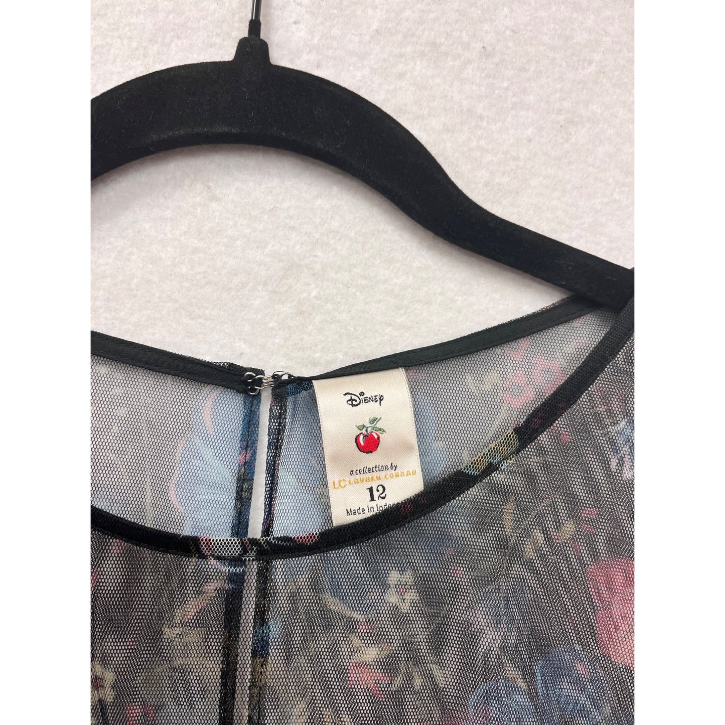 Disney Girls Floral Mesh Dress Black/Multicolor Size 12 Sleeveless With Sheer Overlay & Belt Accent #8089