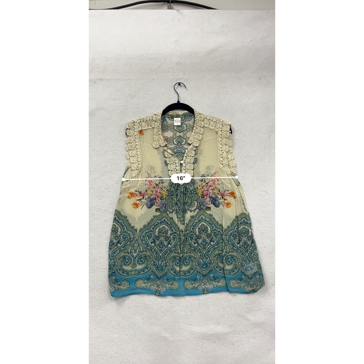 Vintage Biba Paisley Floral Lace Trim Sleeveless Blouse Rayon Boho Top #531A