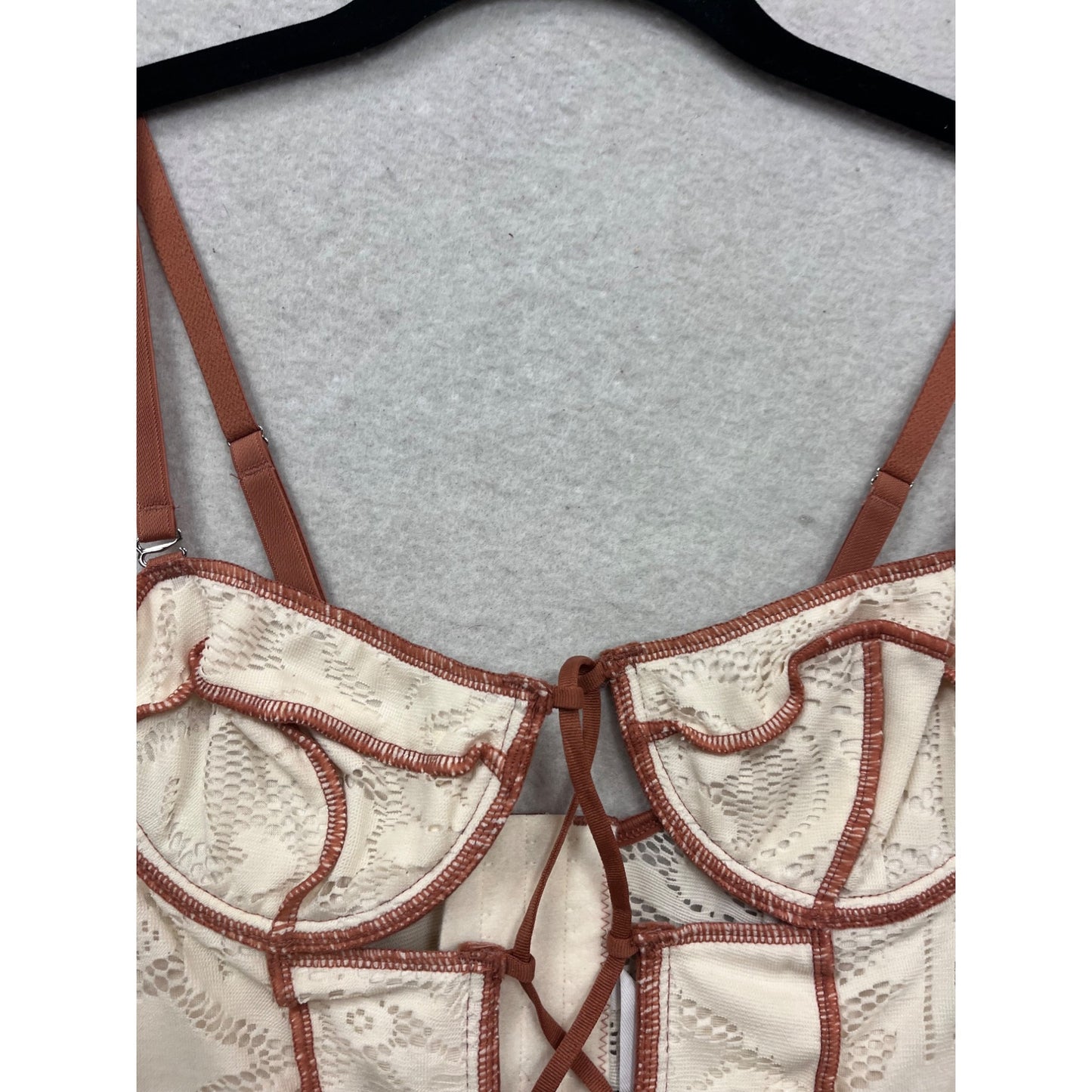 Out From Under Lace-Up Bustier Top In White & Brown Lace #881A