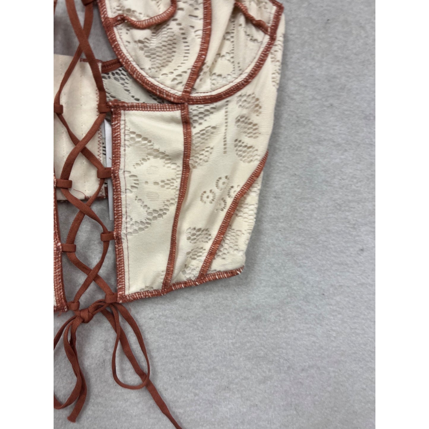 Out From Under Lace-Up Bustier Top In White & Brown Lace #881A