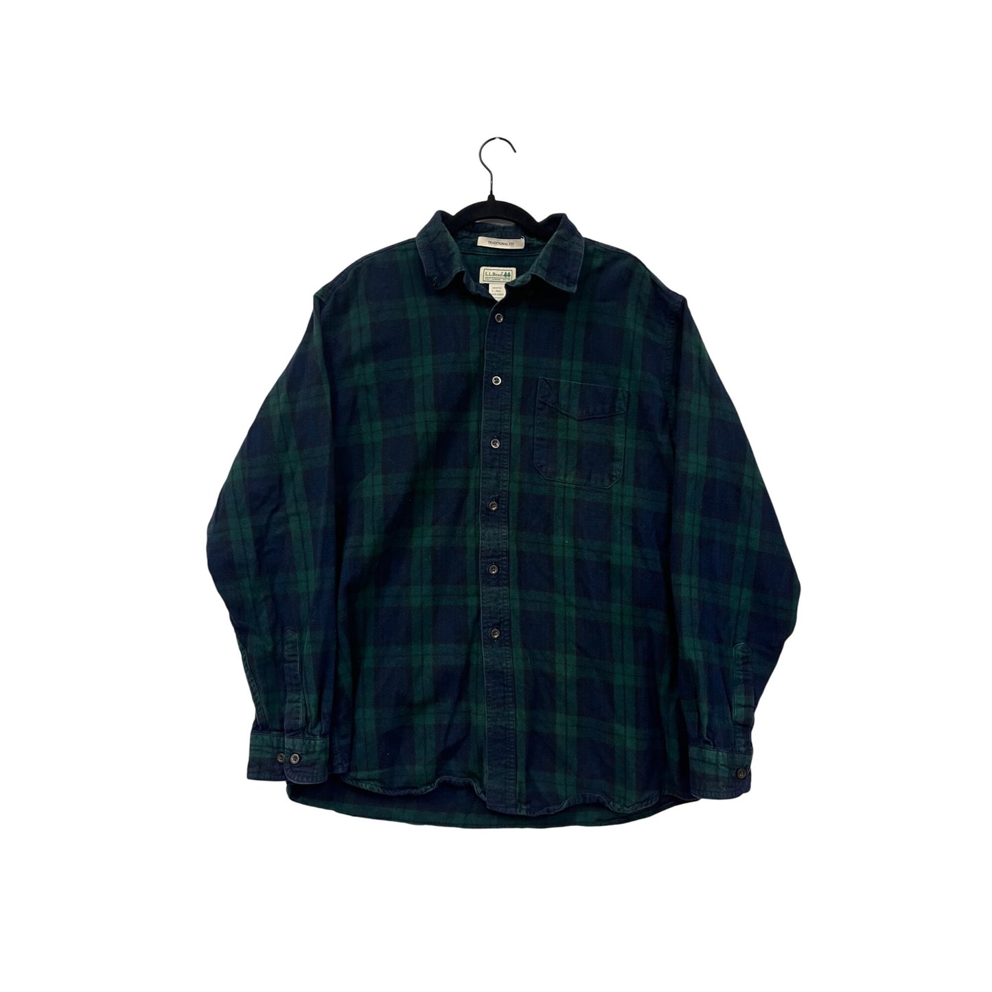 L.L.Bean Mens Traditional Fit Green & Navy Plaid Flannel Shirt L Long Sleeve #6895
