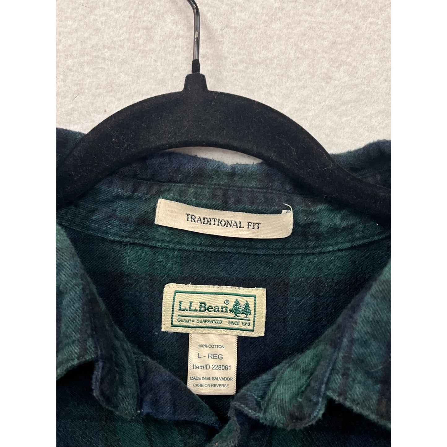 L.L.Bean Mens Traditional Fit Green & Navy Plaid Flannel Shirt L Long Sleeve #6895