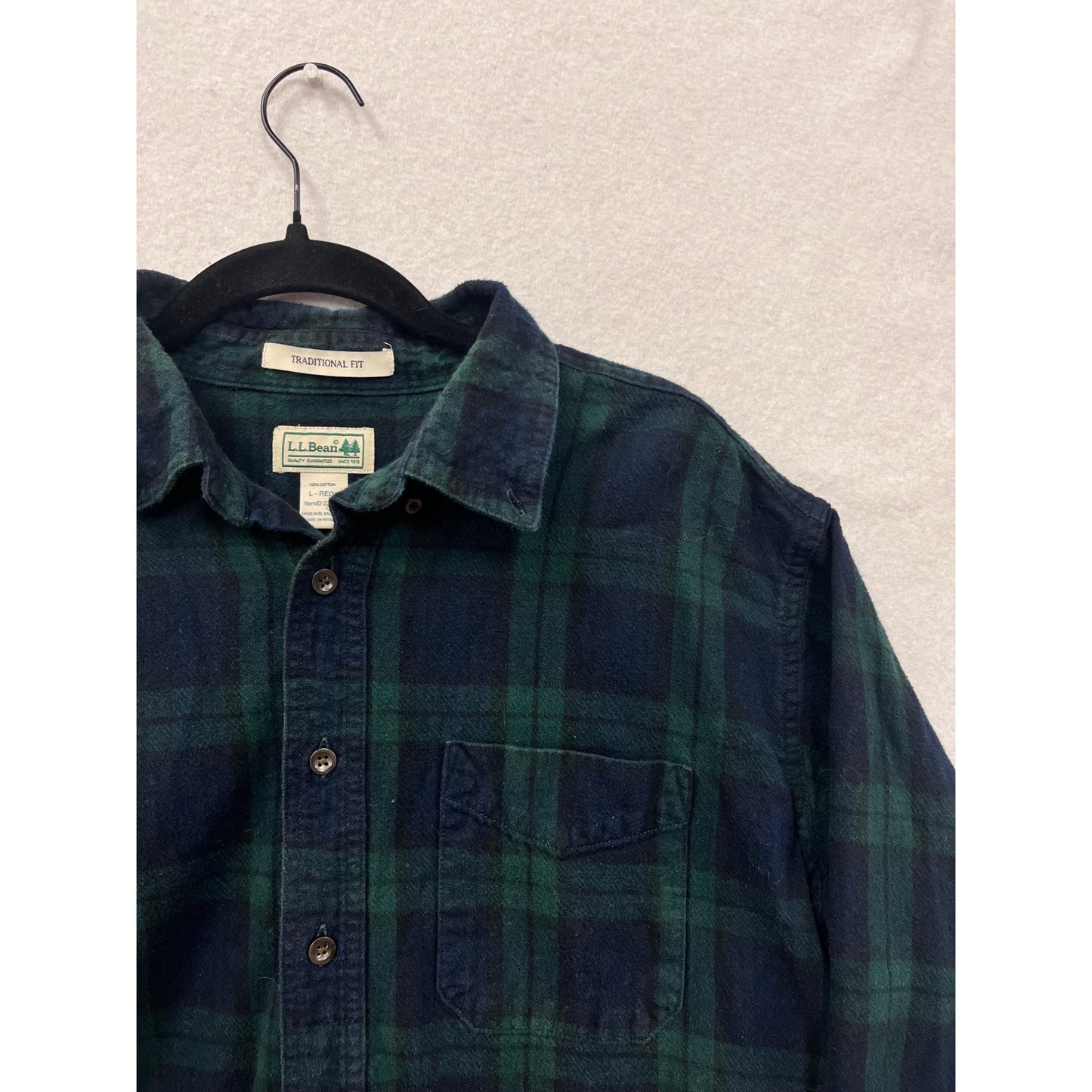 L.L.Bean Mens Traditional Fit Green & Navy Plaid Flannel Shirt L Long Sleeve #6895