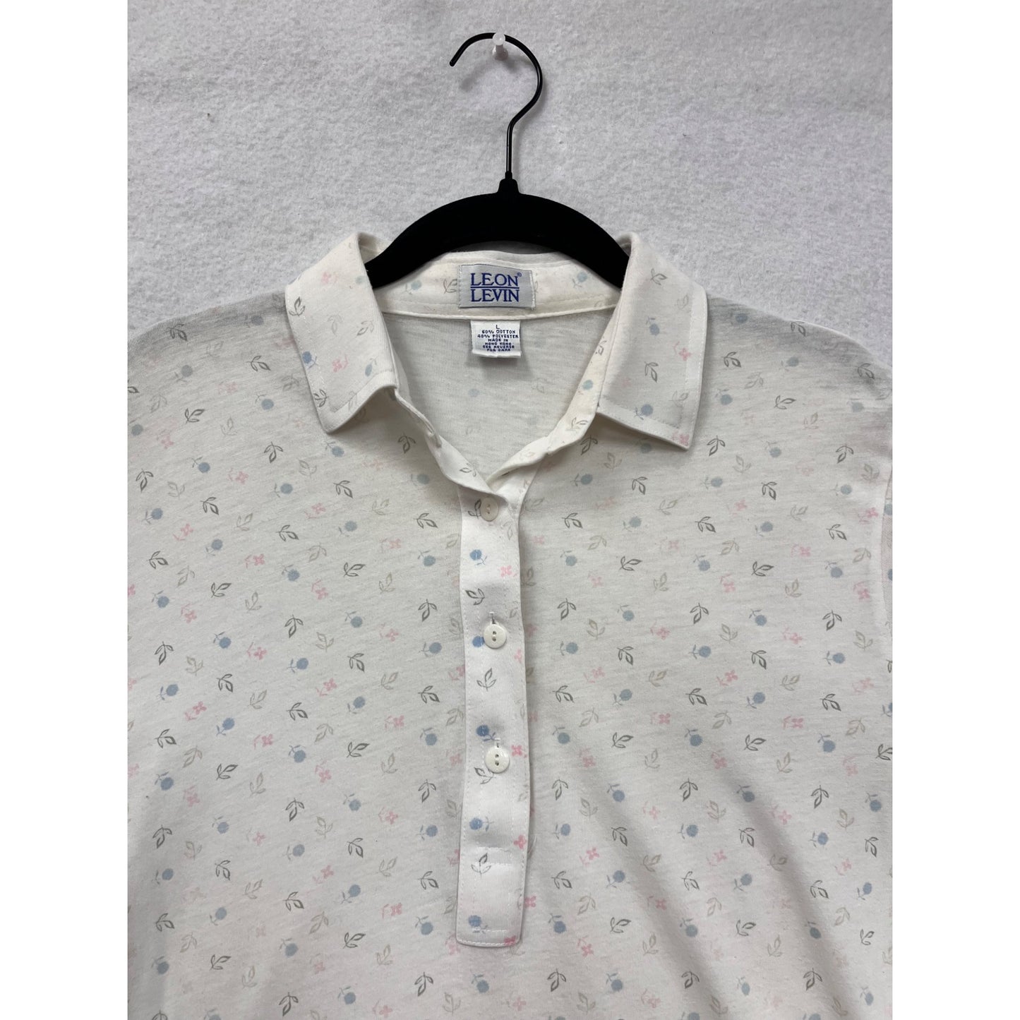 Leon Levin Womens Large White Floral Polo Short Sleeve Shirt #6715