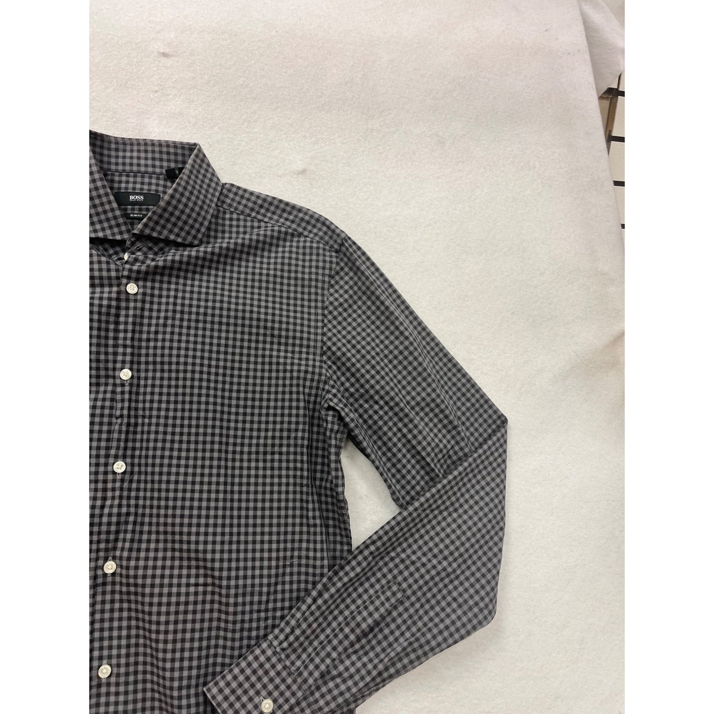Hugo Boss Slim Fit Black & White Checkered Long Sleeve Dress Shirt #8330