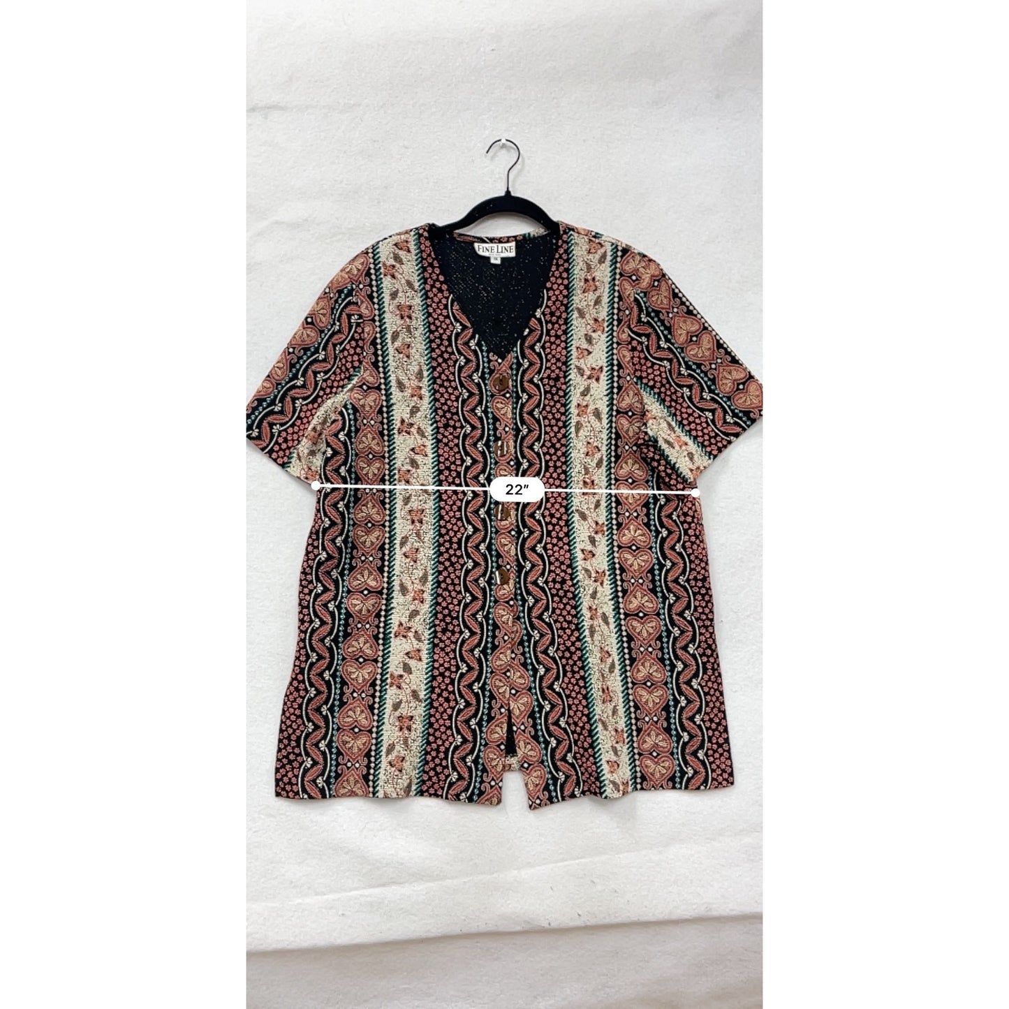 Fine Line 1X Button-Up Short Sleeve Boho Tunic Top #44A