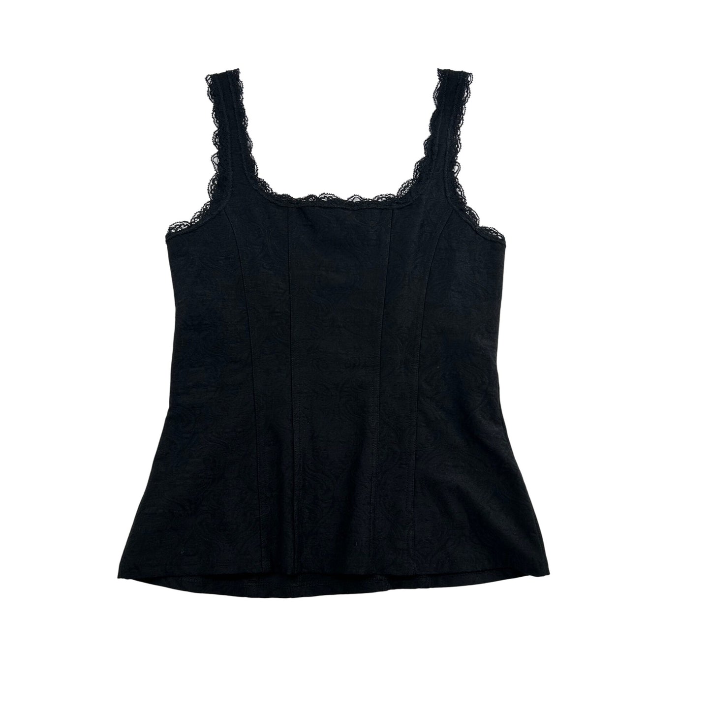 Black Lace Trim Camisole Tank Top With Floral Jacquard Design #6432