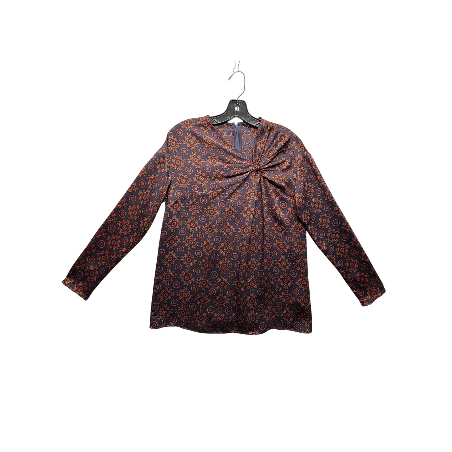 Club Monaco XS Navy & Red Geometric Print Long Sleeve Blouse #7520
