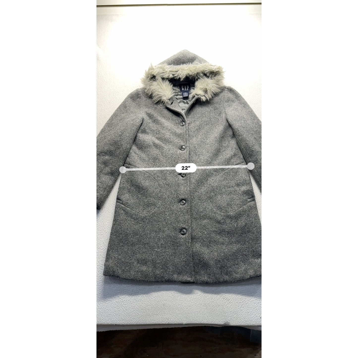 Gap Gray Wool Blend Hooded Coat W/ Faux Fur Trim & Button Closure #129B