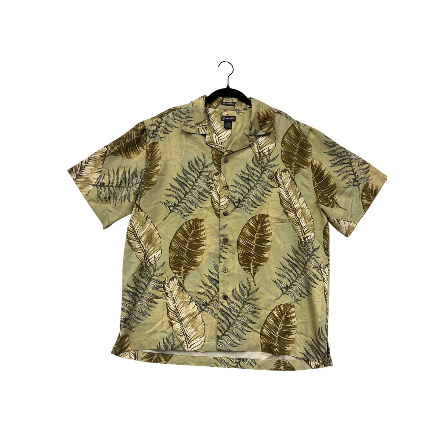 St Johns Bay Mens Large Island Style Button-Up Short Sleeve Shirt Green Tropical Leaf Print #6775