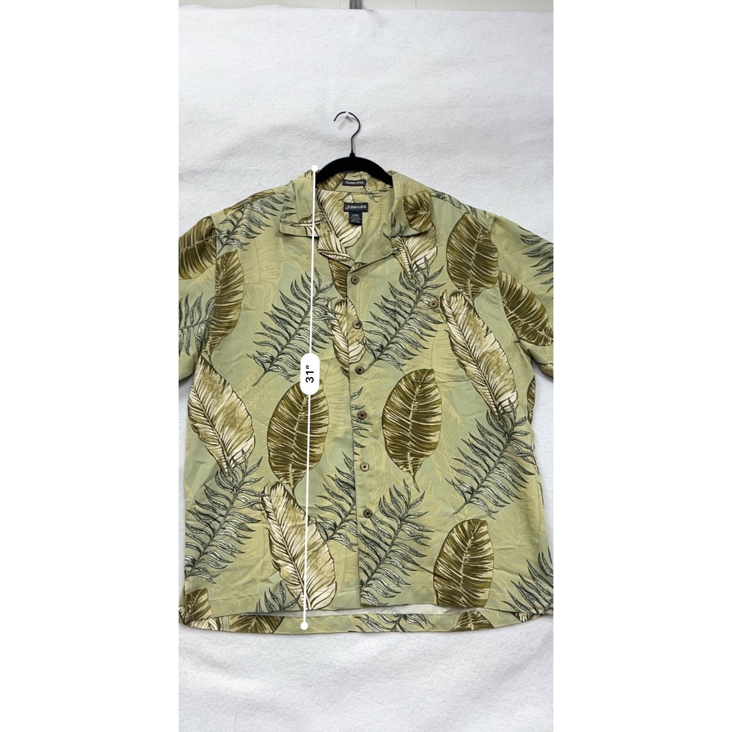 St Johns Bay Mens Large Island Style Button-Up Short Sleeve Shirt Green Tropical Leaf Print #6775