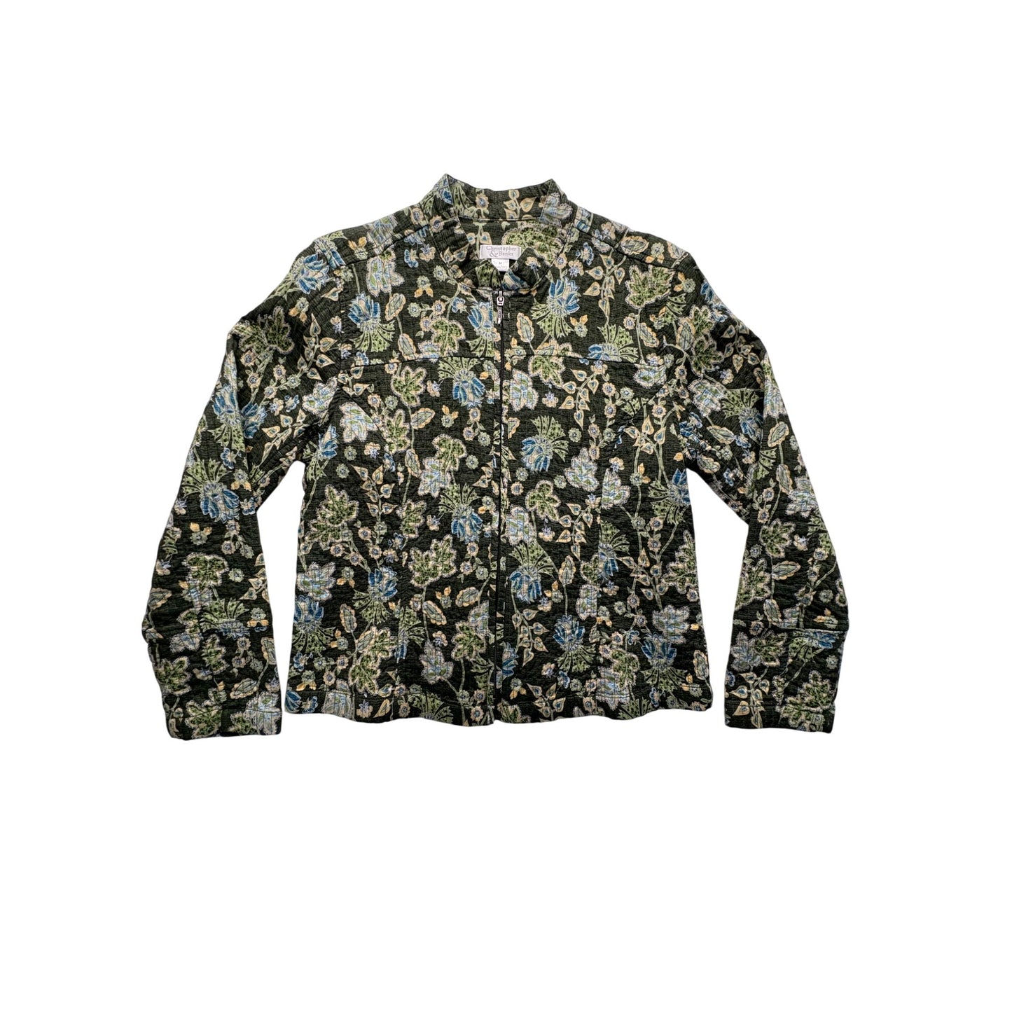 Christopher & Banks Floral Quilted Zip-Up Green Blazer #7691