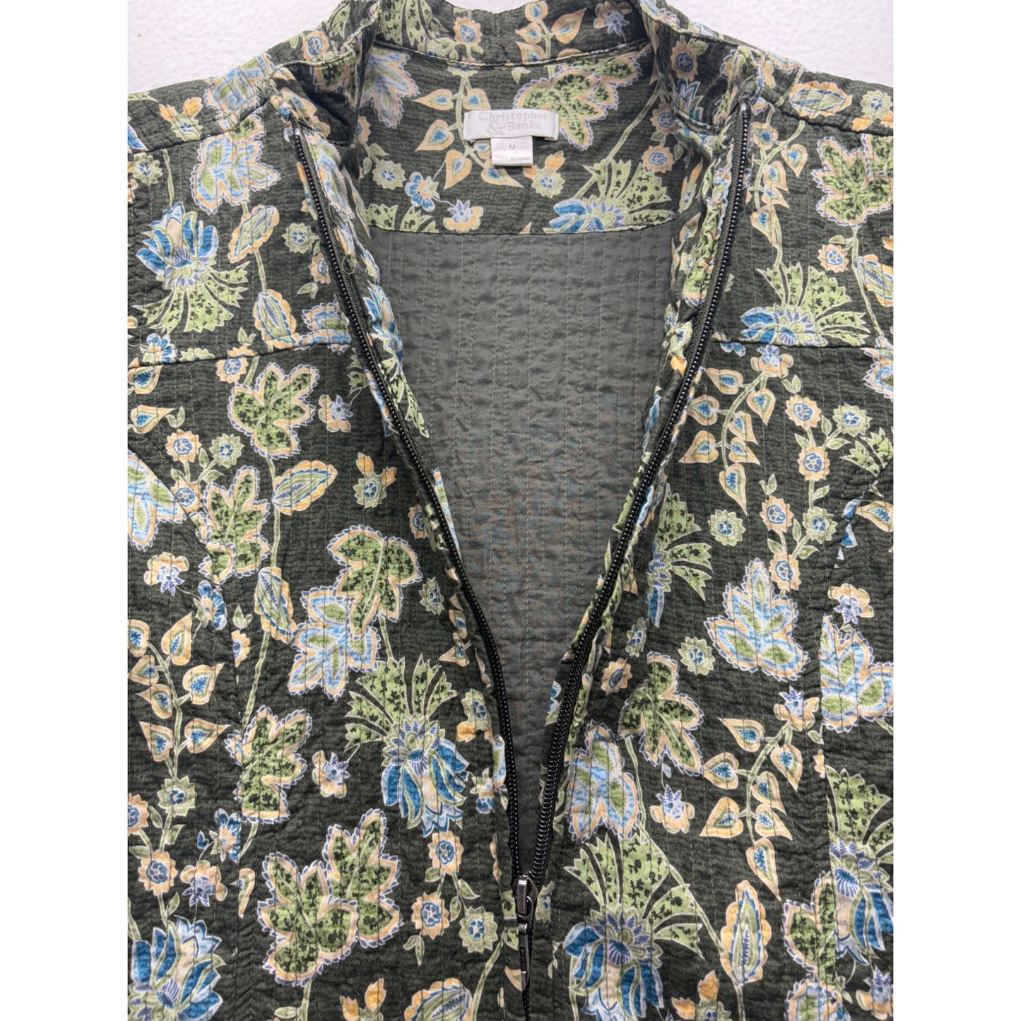 Christopher & Banks Floral Quilted Zip-Up Green Blazer #7691